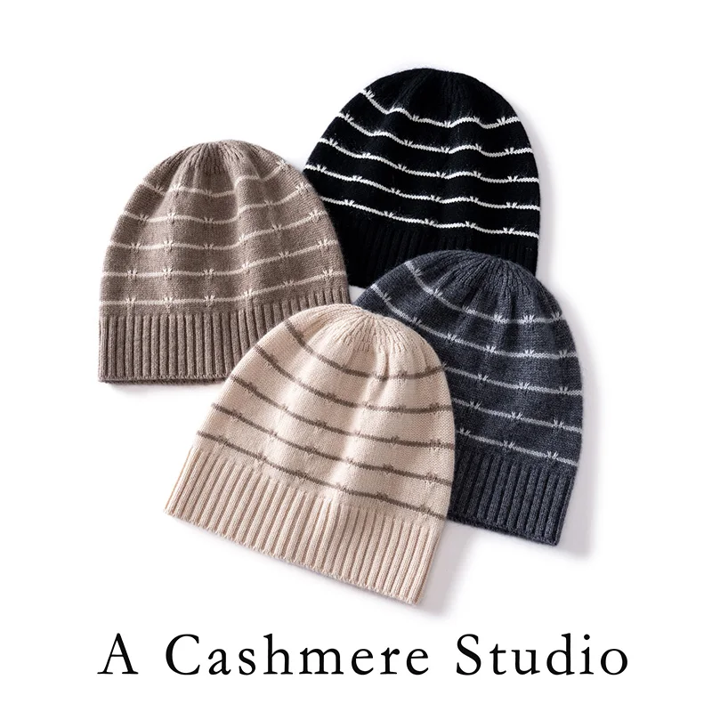 High-Quality 100% Cashmere Striped Bean Hats For Men and Women New Knitted Soft Hats in Winter Regardless Of Gender Casual Hats