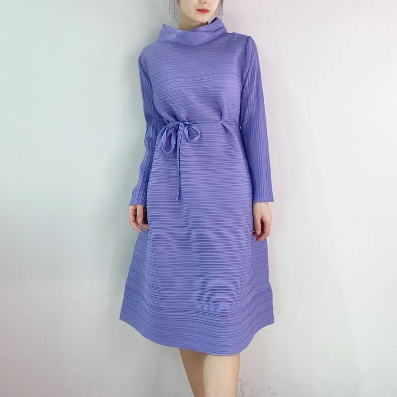 

Dress for women Miyake pleated Fashion Solid Stand Collar Loose Large Size Long Sleeve Fashion Beld Female A-line Dresses Tide