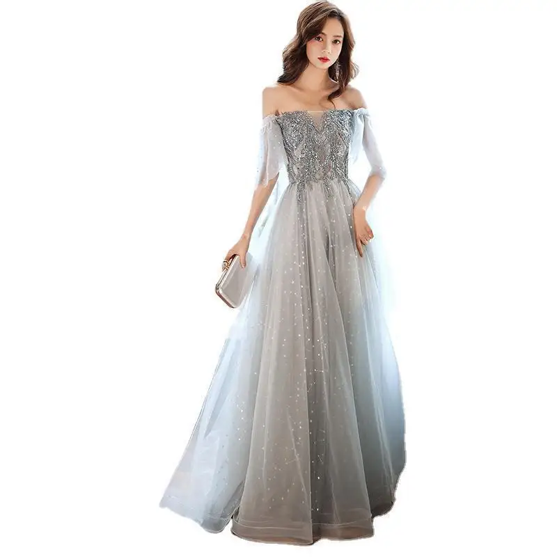 

One-word Shoulder Evening Dress Temperament Elegant Fairy Dream Mesh Bridesmaid Dress Host Long Vestido De Fiesta De Graduación