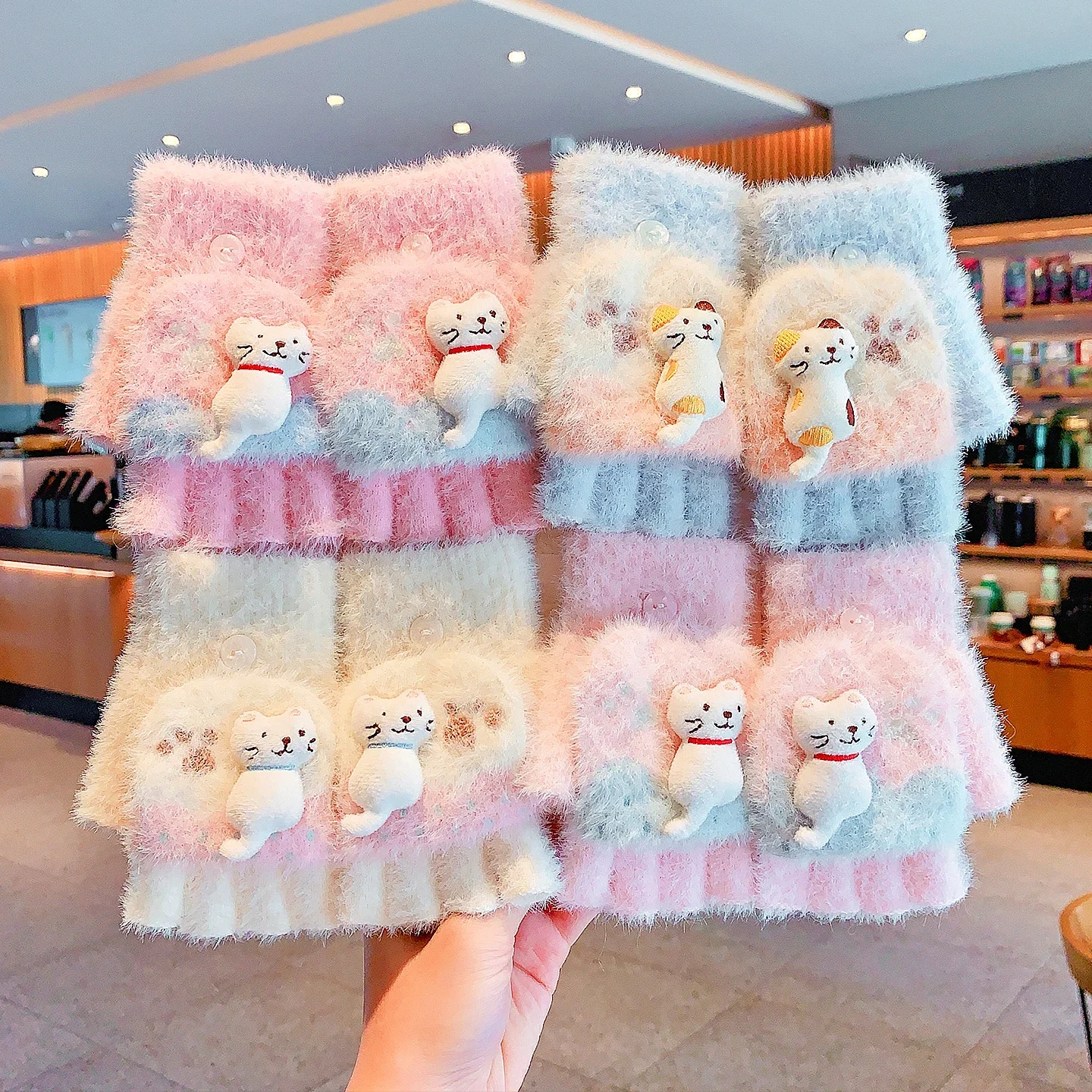 4-7Y Girls Winter 2 in 1 Convertible Flip Gloves Cute 3D Cat Decor Knitted Plush Gloves Kids Paw Print Windproof Thermal Mittens
