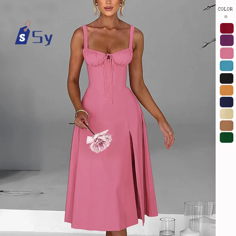 Sy 2024 Solid Color Front Lace-up Women's Dress Side Split Sexy Dresses Sleeveless Long Robe Summer Sundresses Cloth With Pocket