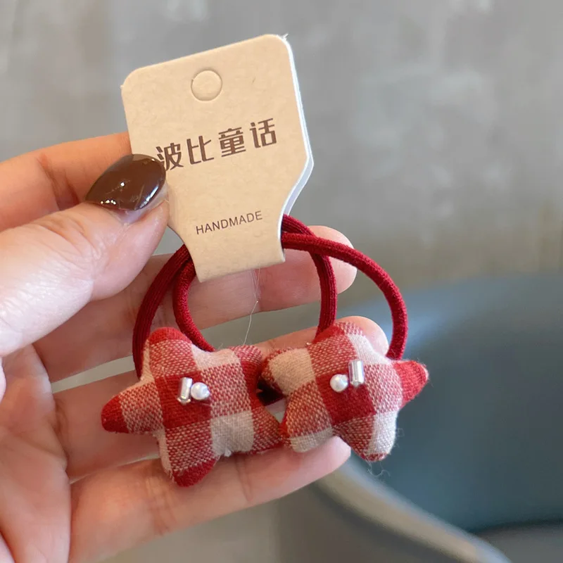 

Высокоэластичные красные резинки для волос в клетку с бантом для девочек, детские резинки для хвоста конфетных цветов, милые повседневные аксессуары для волос, модный аксессуар