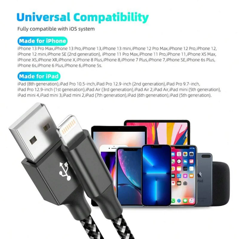 شاحن معتمد 3 عبوات 5 أقدام كابل لايتنينج طويل شحن سريع عالي السرعة مزامنة البيانات كابل USB متوافق مع Apple 14/13/12/11 Pro M #2