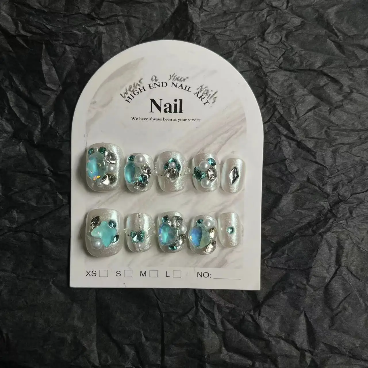 10Pcs Luxury Short Handmade Press On Nails Round Head Ballerina False Nails with Aquamarine Design Artificial Wearable Nails