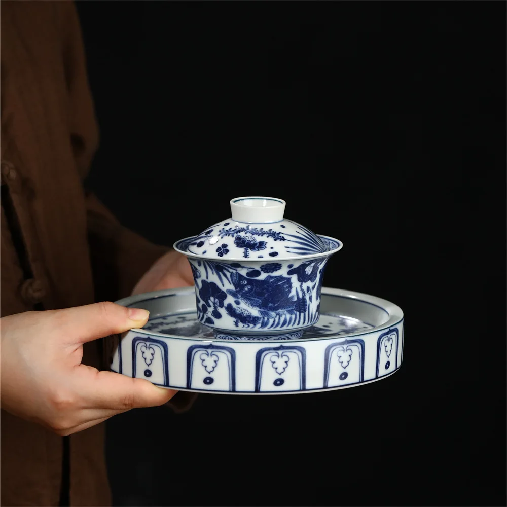 Jingdezhen Yuan Blue and White Flower Fish Algae Pattern Tureen Tea Brewing Bowl Two-Way Hover Emperor Glaze Big Pot Retro Color