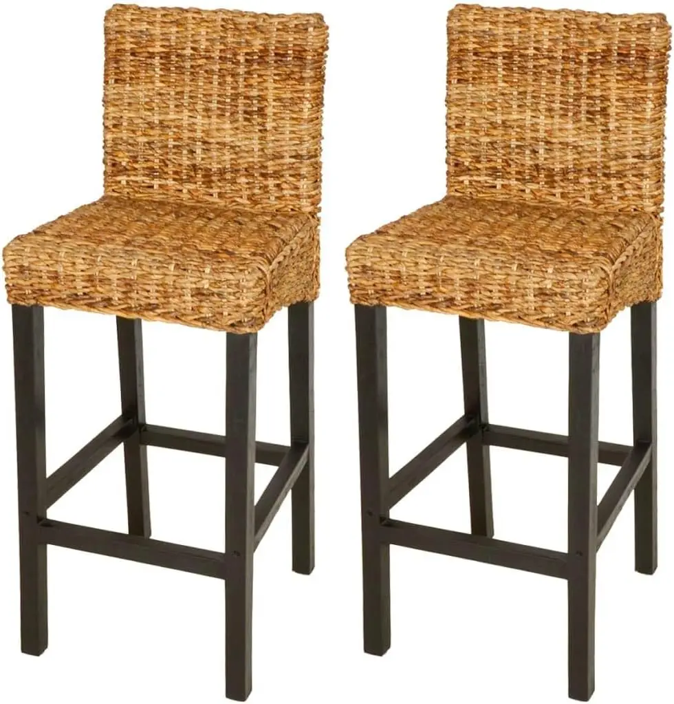 2Pcs Bar Stools Mango Wood And Abaca, Set Of 2 Bar Height Chairs, Counter Stool, Kitchen Stool Chairs With Back For Balcony,