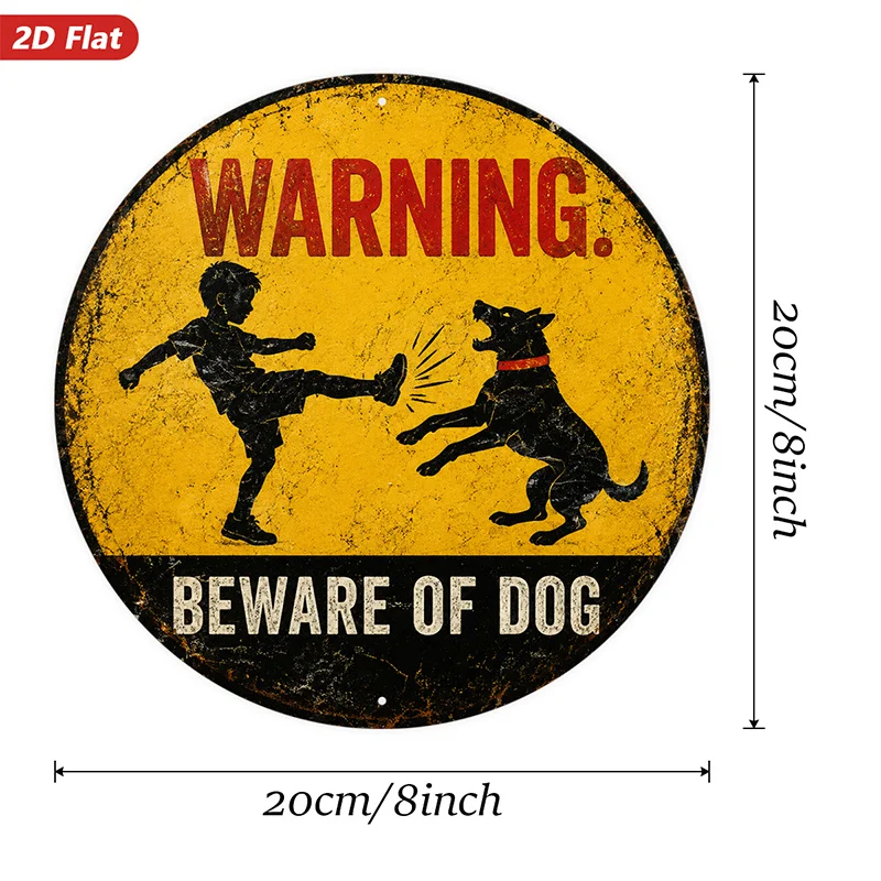2D Flat, 1pc Beware Of Dog Warning Round Metal Sign Wall Art, Large Warning Text, Home Decor, Dog And Kick Silhouette, Suitable