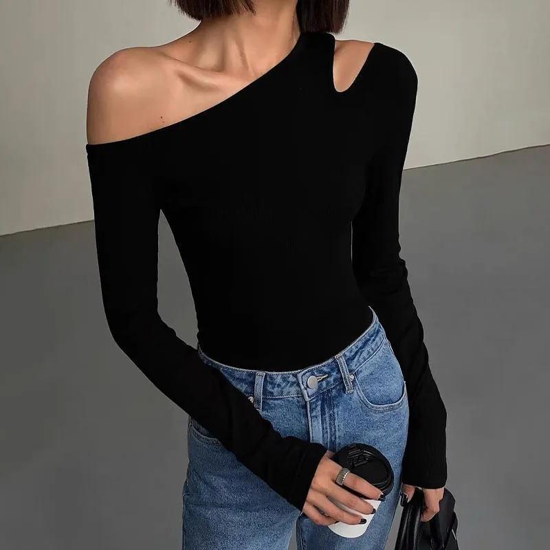 

Fashion Black Skew Collar Off-Shoulder Long-Sleeved T-Shirts Women Spring New Slim Fit Crop Tops Sexy Hollow Out Tees Shirts Y2K
