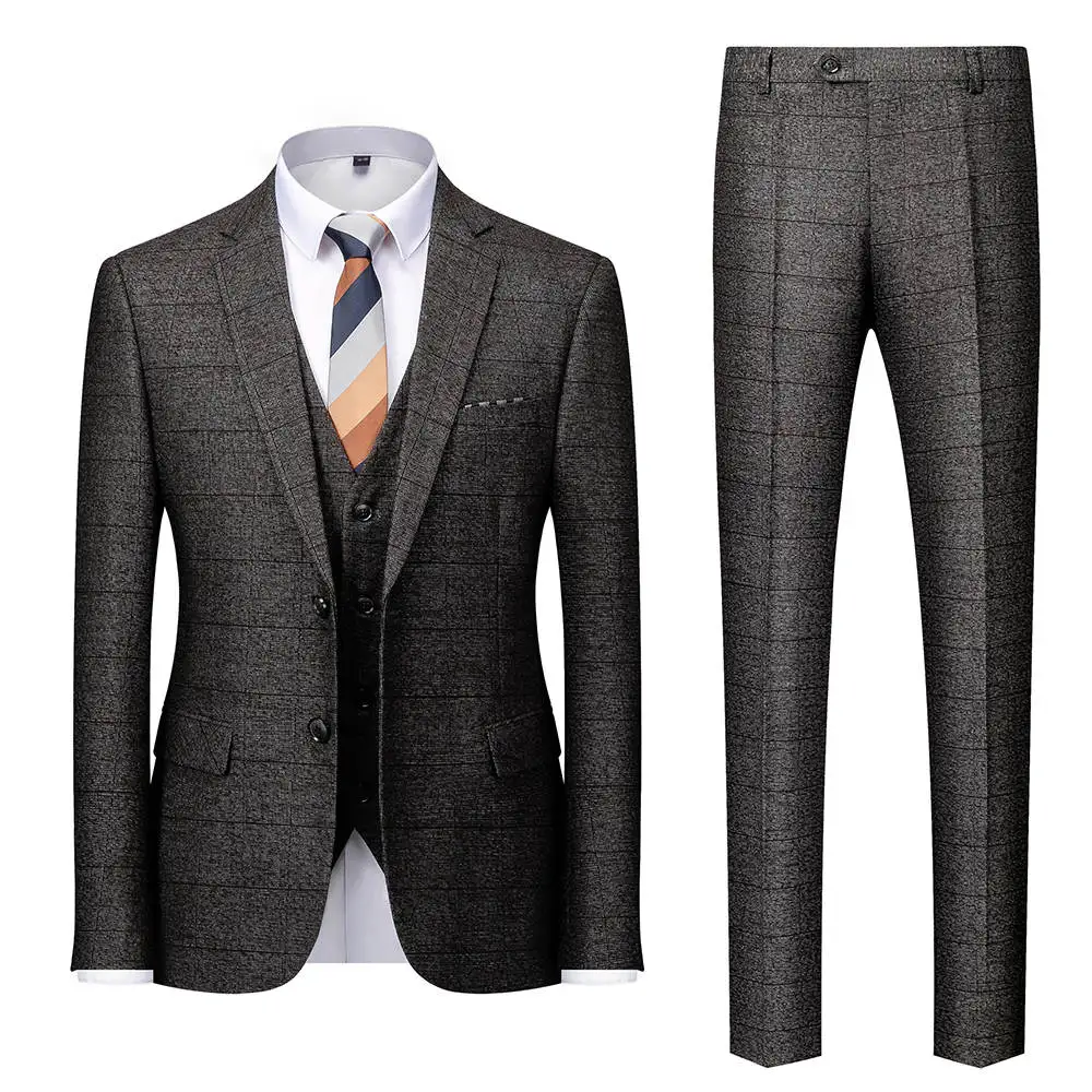 Modern Design 3 Pieces Men Suit Grey British Plaid Wedding Tuxedos Customized Fit Party Suits Handsome Formal Coat Pant Vest