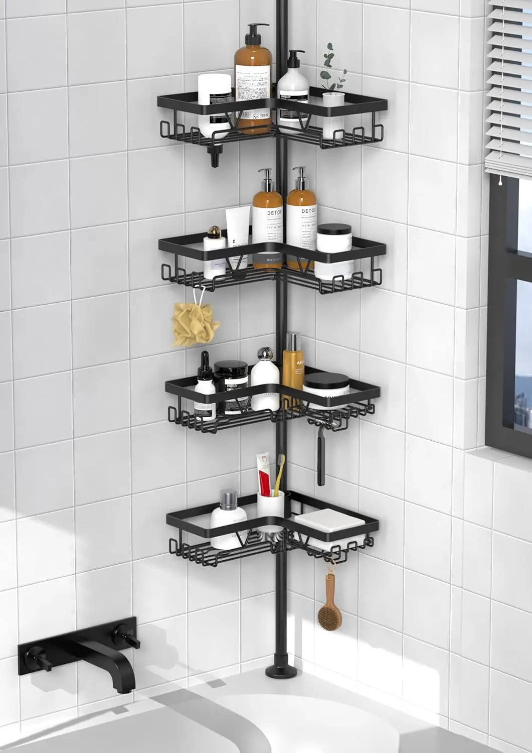 

Adjustable Corner Shower Caddy Tension Pole Organizer with Shelves & Hooks, 25-114.2 Inch Black