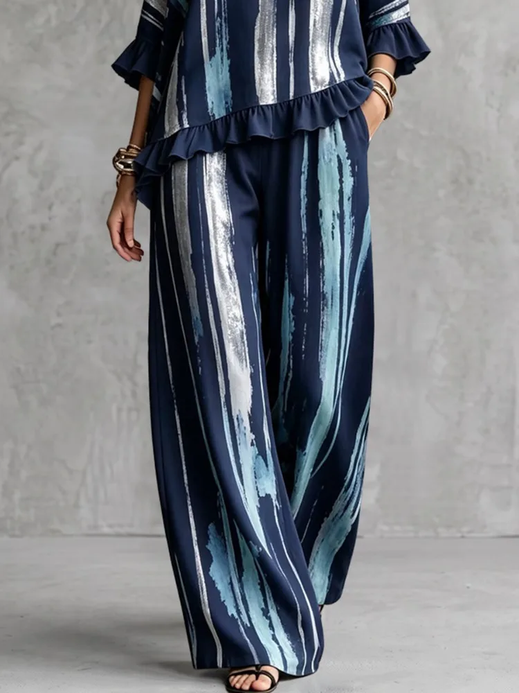 Yeezzi Women's Contrast Color Printed Palazzo Matching Pants Loose High Waisted Wide Leg Casual Daily Office Trousers Bottoms