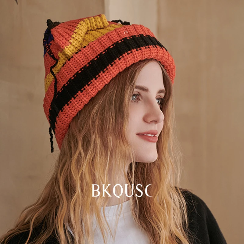 BKQUSC Knitted Cute Cat Ear Beanies for Women Winter Warm Thick Striped Knitting Bonnet Cap Female Big Head Skullies Beanies Hat