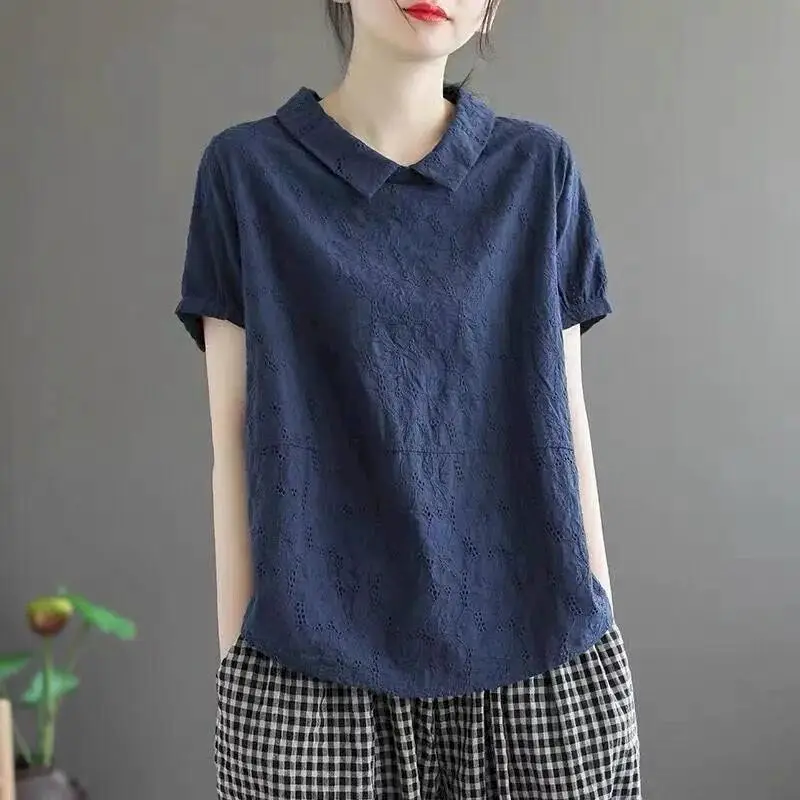 Cotton Linen T Shirts Women Doll Neck Casual Loose Short Sleeve T-shirt Fashion Solid Simple Hollow Top Summer Trend Thin Tshirt