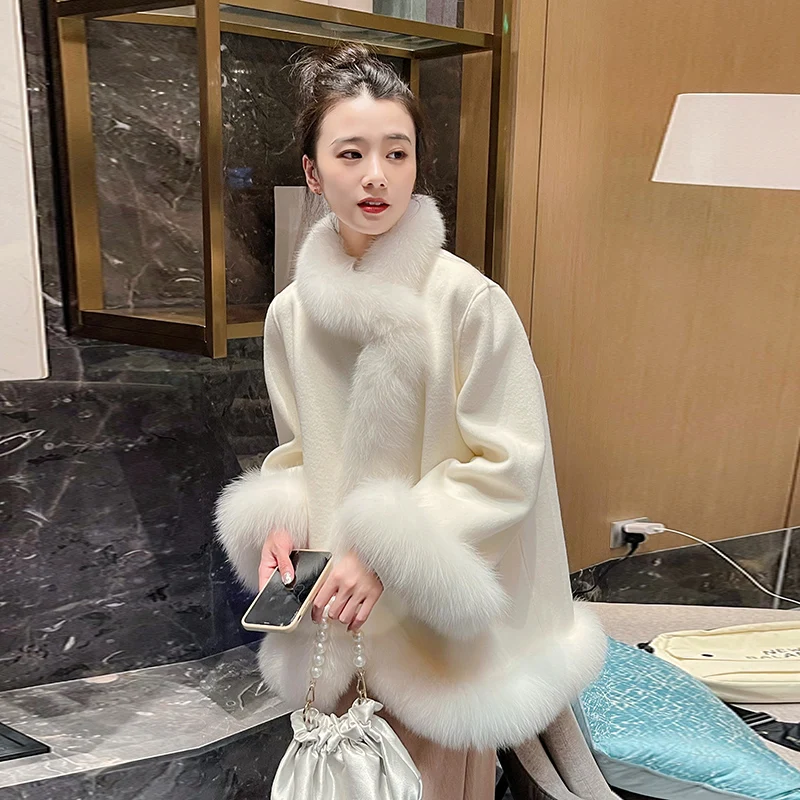 New Autumn Winter Imitation Fox Fur Shawl Women Overcoat Loose Length Double-Sided Woolen Cloak Thicke Coat Female Outwear Parka