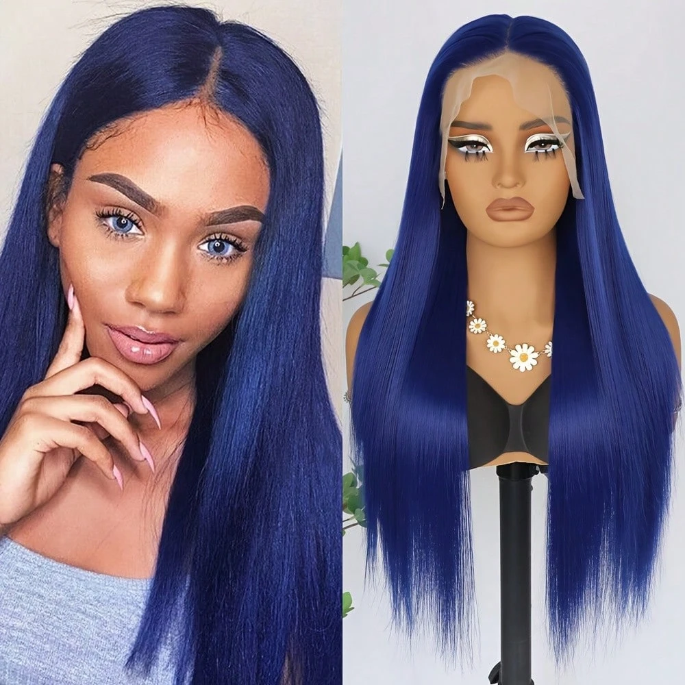 

Dark Blue Lace Front Wig for Women Straight Synthetic Hair Heat Resistant 180% Density Easy To Wear for Daily Wear Cosplay
