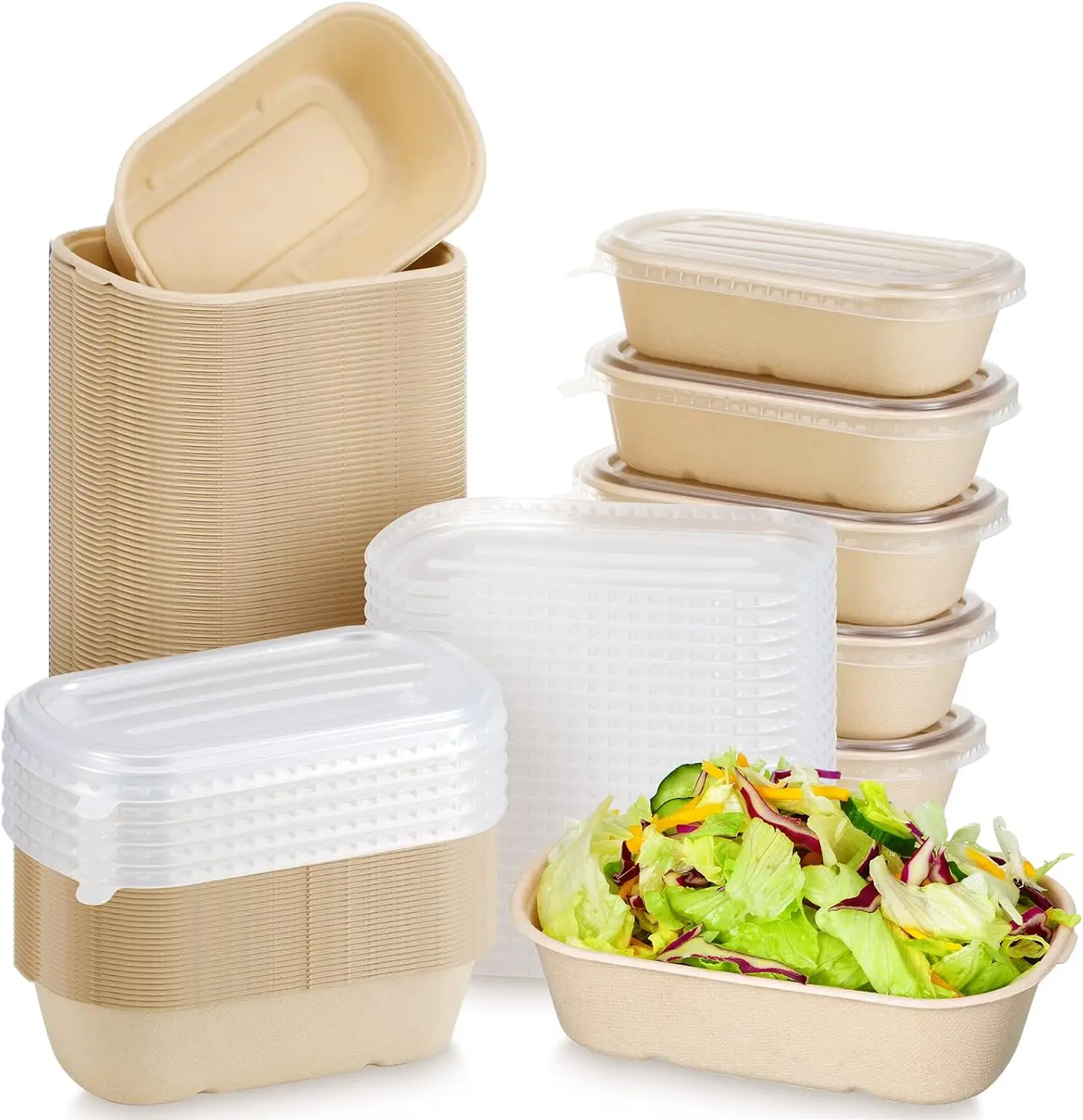 100 Sets Disposable Food Containers with PP Lids Disposable Paper Bowls Salad Soup Lunch Serving Bowls Disposable Food Prep