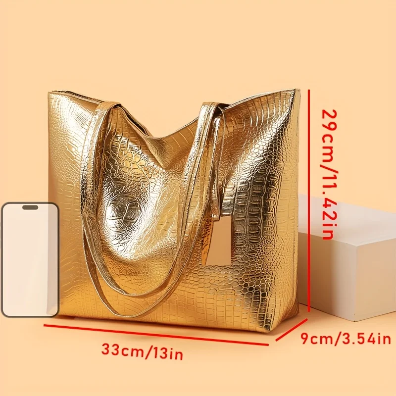 حقيبة يد نسائية كلاسيكية، حقيبة كتف ذات سعة كبيرة مع سحاب إغلاق، حقائب يد معدنية للعمل والحفلات #4