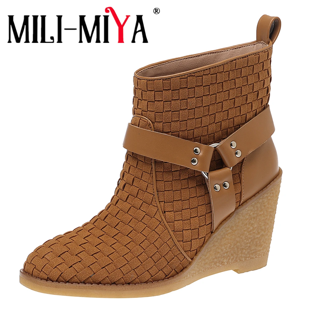 MILI-MIYA Women's Cow Leather Wedge Heel Woven Ankle Boots With Round Toe Non-Slip Sole And Plain Zip Fastening For Ladies