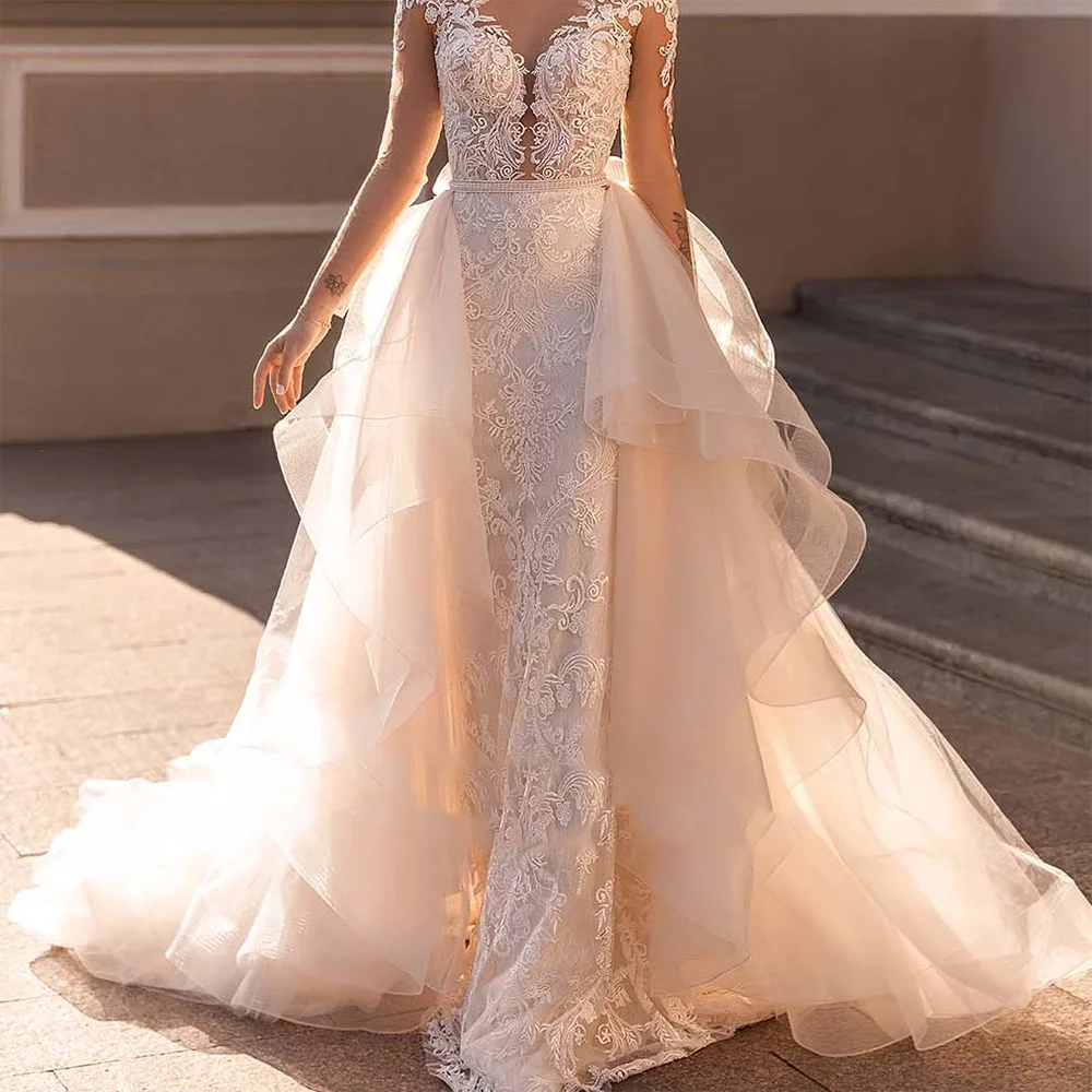 Eleganti applicazioni con scollo a V in pizzo tulle staccabile sirena sposa abiti da sposa abiti da sposa personalizzati