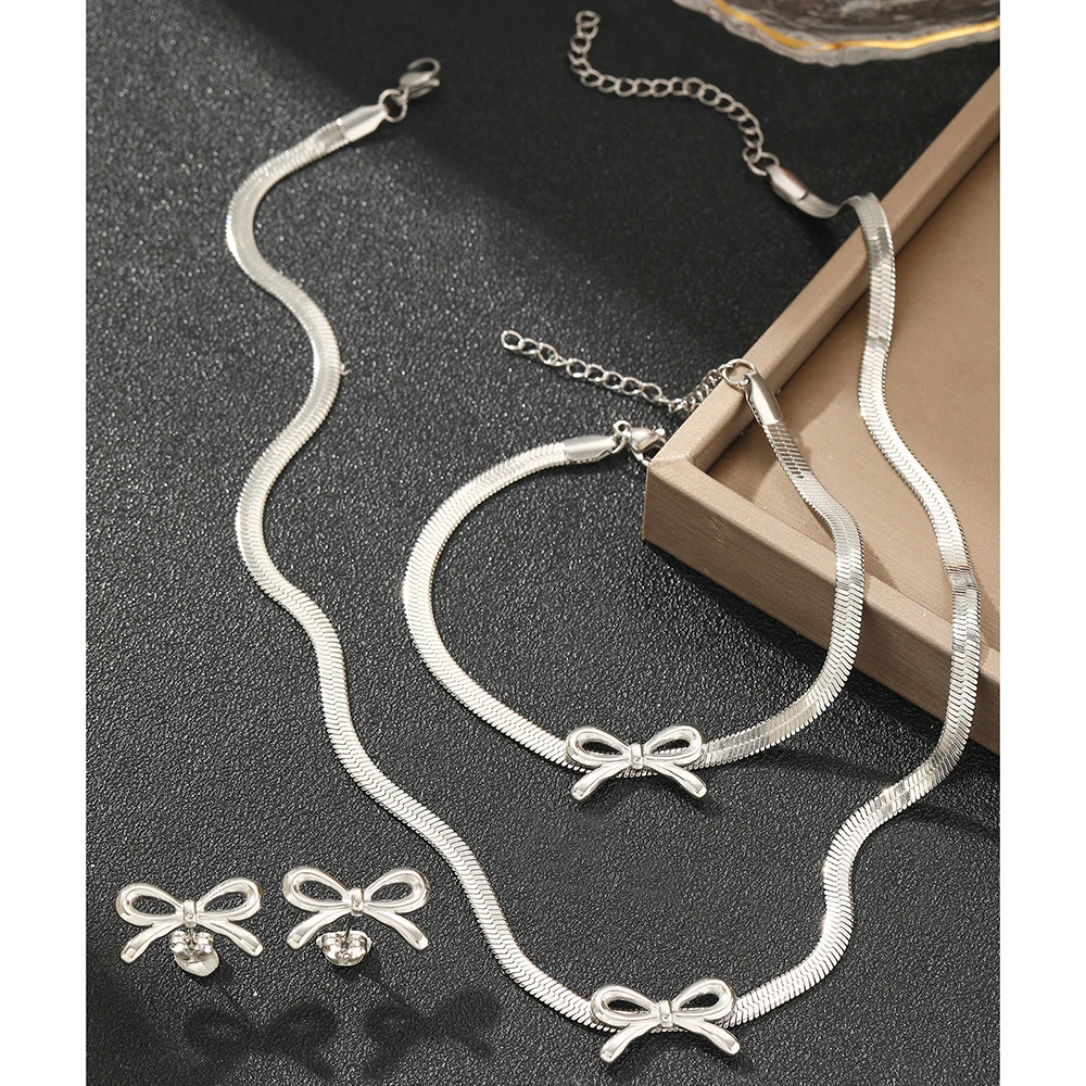 woiwoi Stainless Steel Jewelry Set Blade Chain Bow Design Bracelet Necklace Earrings 3 Piece Jewelry Set For Women Jewelry Gifts
