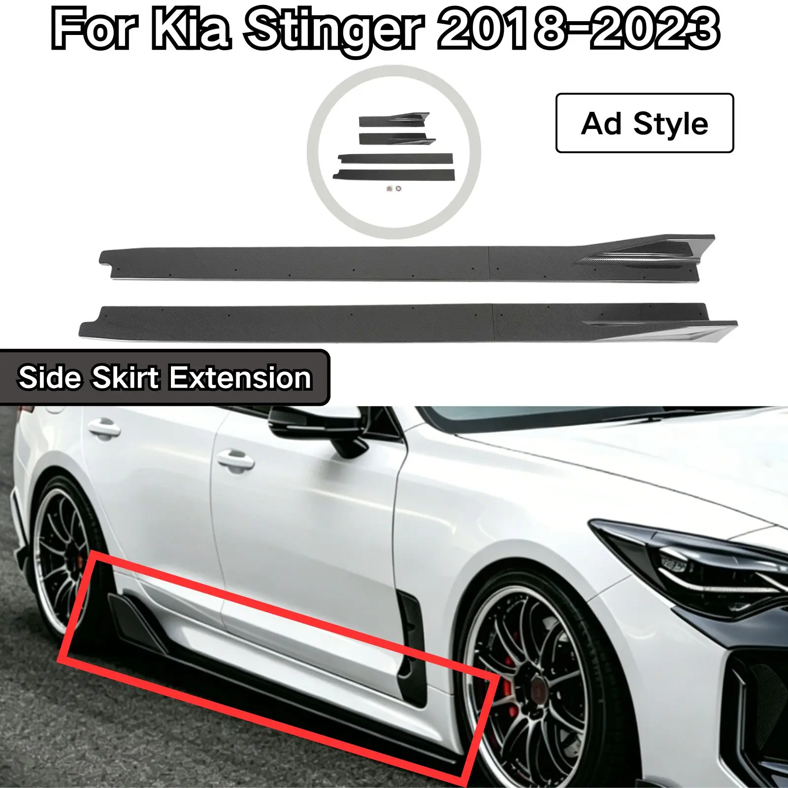For Kia Stinger 2018-2023 Side Skirt Extension Ad Style Glossy Black Carbon Fiber Painted 4 PCS Car Accessories Body Kit