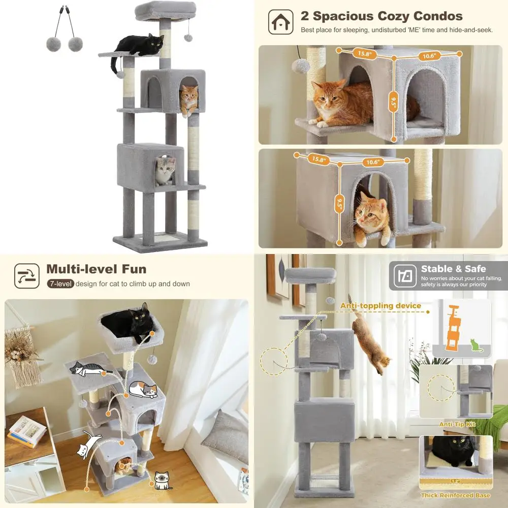 

Большая комнатная кошачья башня высотой 62 дюйма, когтеточки, 2 плюшевых презерватива, мягкая платформа для больших кошек