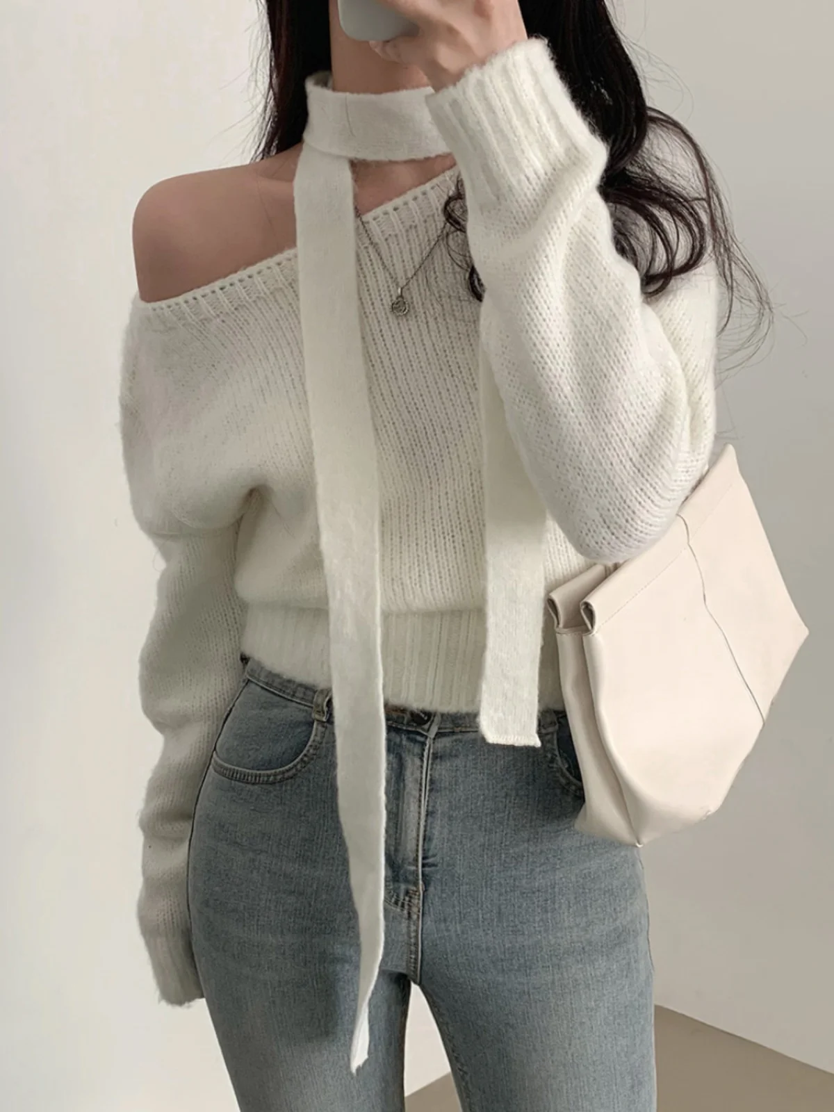 Chic Vintage oulder Bared Long Sve Sweater Women's Ele Versatile Neline Korean Sle Loose Fit Knitted Top