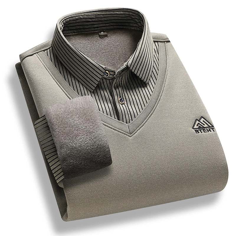 

Men's Fleece Lined Sweater Polo Collar Pullover Tops Fake Two Piece Fashion Business Causal Pullovers Thick Winter Clothes