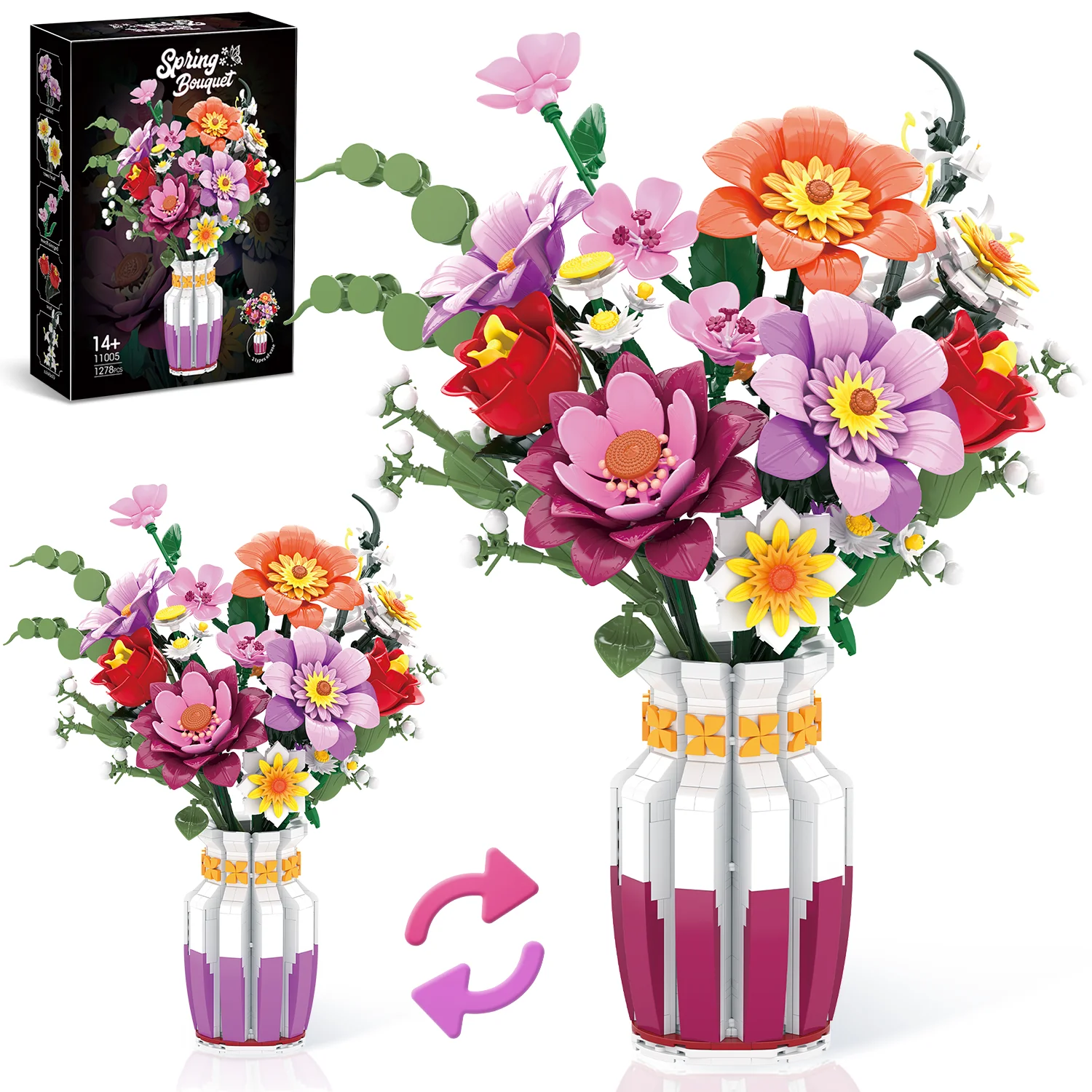 

1278 шт., весенний букет, строительные блоки, цветок с вазой, модель, кирпичи, украшение для рабочего стола, игрушки «сделай сам» для детей, праздничные подарки