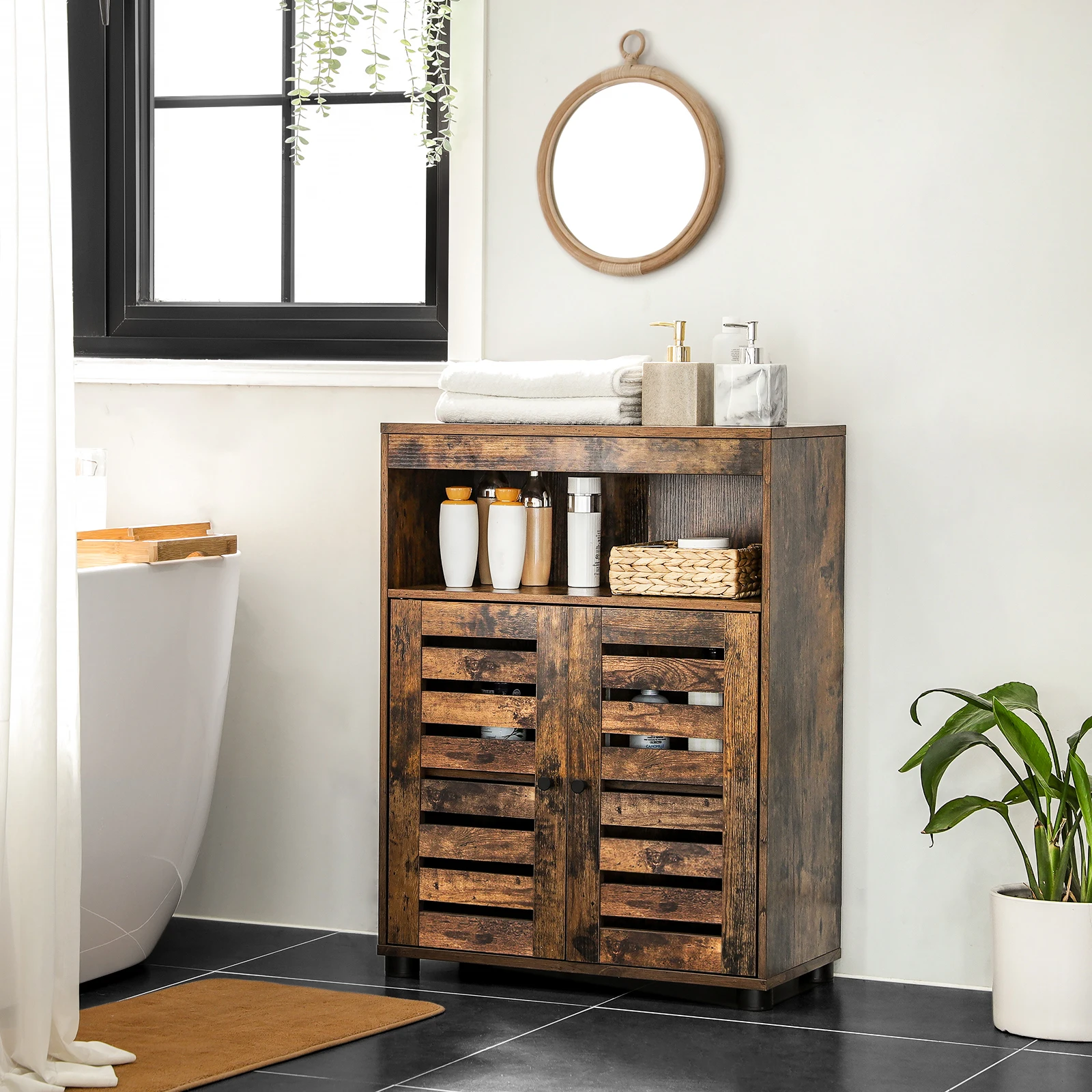 VASAGLE Bathroom Cabinet Storage Cabinet 4 Tier Rustic Chic Shelf 60 x 30 x 80 cm with Louver Doors, Compartments