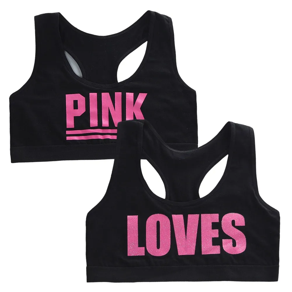 2pcs Cute Black White Tank Tops Teenage Girls Letters Print Underwears Bra For Children Developmental Stage Sports Training Bras