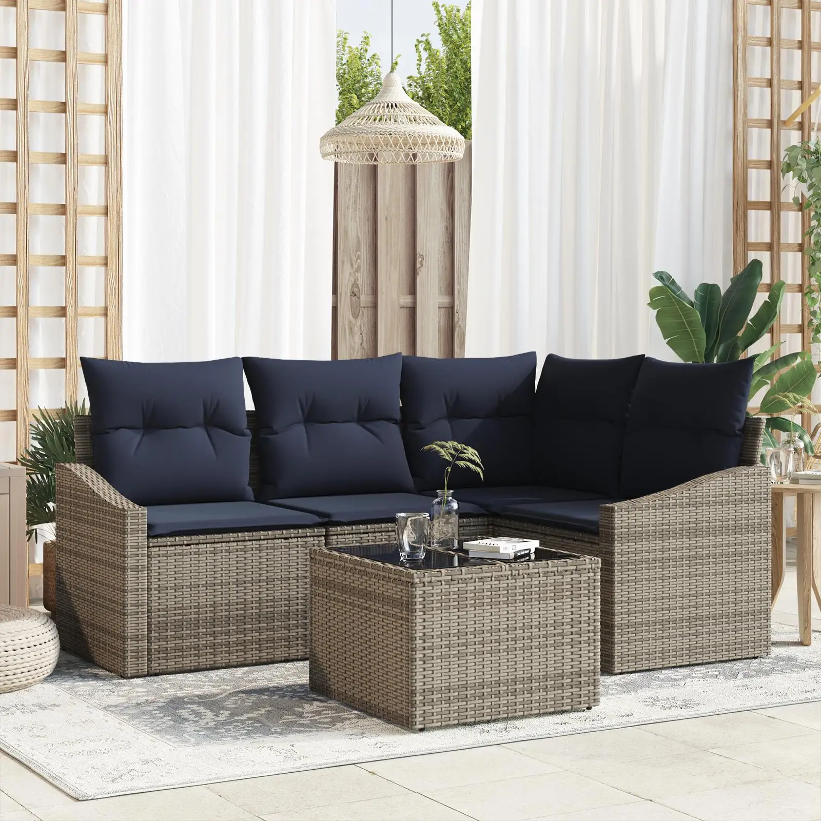 

5 Piece Grey Poly Rattan Garden Sofa Set with Soft Cushions Outdoor Furniture