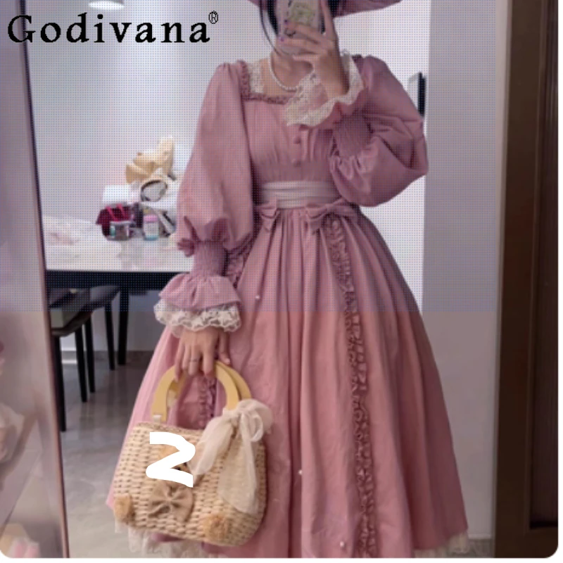 

Sweet Pink Lolita Retro Palace Style Elegant Princess Dresses Temperament Fashion High Waist A-line Lace Party Long Sleeve Dress