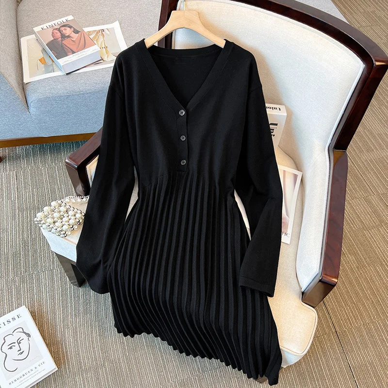 Large Size Women\'s Bust 160 Spring Autumn New Loose V-Neck A-Line Sweater Dress Black Apricot 5XL 6XL 7XL 8XL 9XL 10XL 150Kg