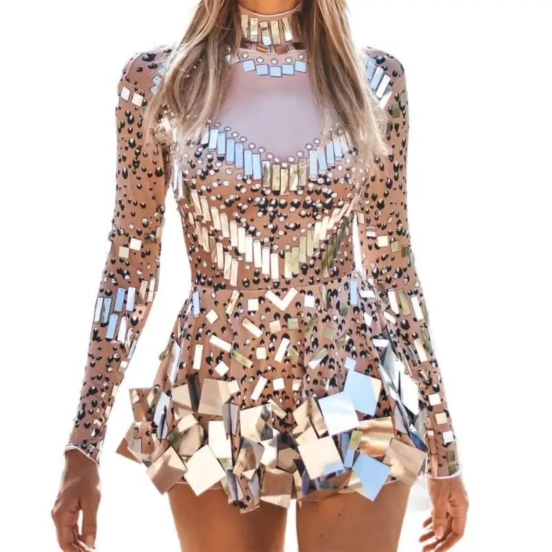 652F مرآة الترتر فستان طويل الأكمام فستان قصير موضة فستان الحفلات الرقص ملهى ليلي العروض الملابس الهذيان وتتسابق