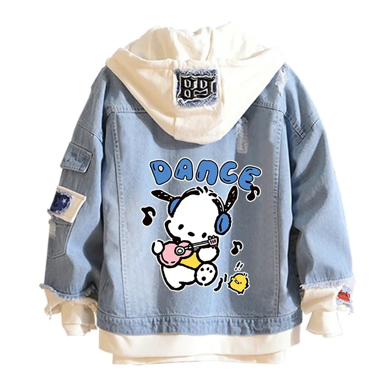 Anime Sanrio Denim Bomber Jacket Pochacco Hooded Jeans Sweatshirt Unisex Ripped Hole Cosplay Hoodie Long-Sleeved Denim Jacket