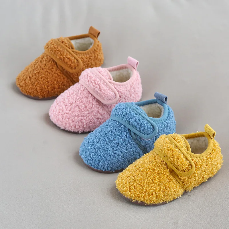 2023 Autumn Winter Children Home Slippers Baby Non-slip Warm Indoor Cotton Shoe Solid Color Fur Kids Shoes Boys Girls Flip Flops