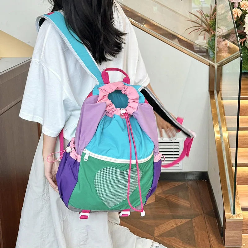 Color-blocked schoolbag, waterproof nylon fabric, sweet and cute backpack for girls, large-capacity backpack for campus