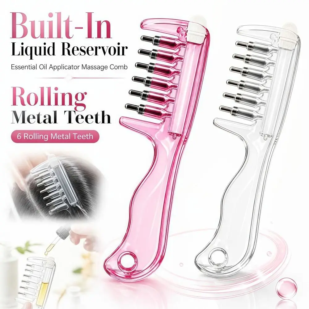 Transparent Essential Oil Applicator Massage Comb Rolling Metal Teeth 6-Tooth Scalp Liquid Applicator Comb Precise