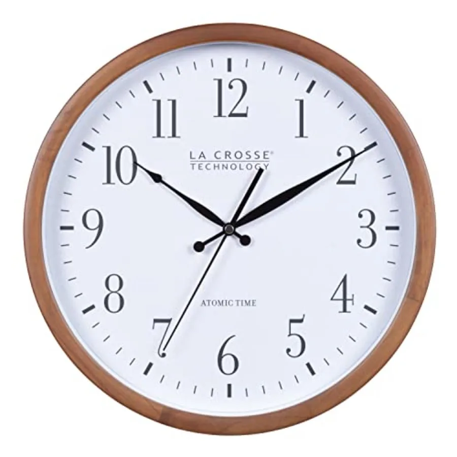 

Atomic Analog Wall Clock for home office use, solid wood frame, natural wood color, automatic time synchronization with atomic