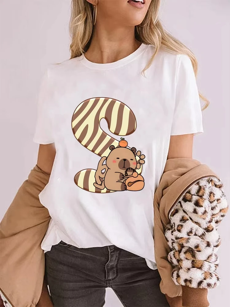 Fun Capybara Letter A-Z Print T-Shirt Cartoon Animal Capybara 26 Alphabet Women's Tshirts Short Sleeve Fashion Y2K Tops