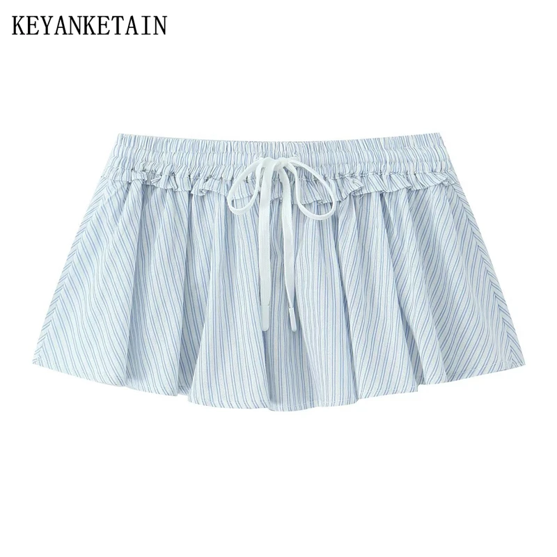 KEYANKETIAN Summer New Women Striped mini skirt Leisure style Drawstring Elastic Waist Letter Embroidery Slim A Line Pantskirt
