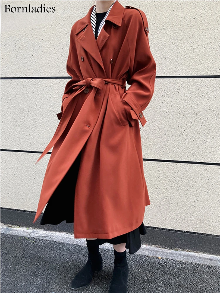 Bornladies 2022 Autumn Oversized Women Trench Coat Elegant Full Sleeve Belted Female Overcoat Double-breasted Long Women Jacket