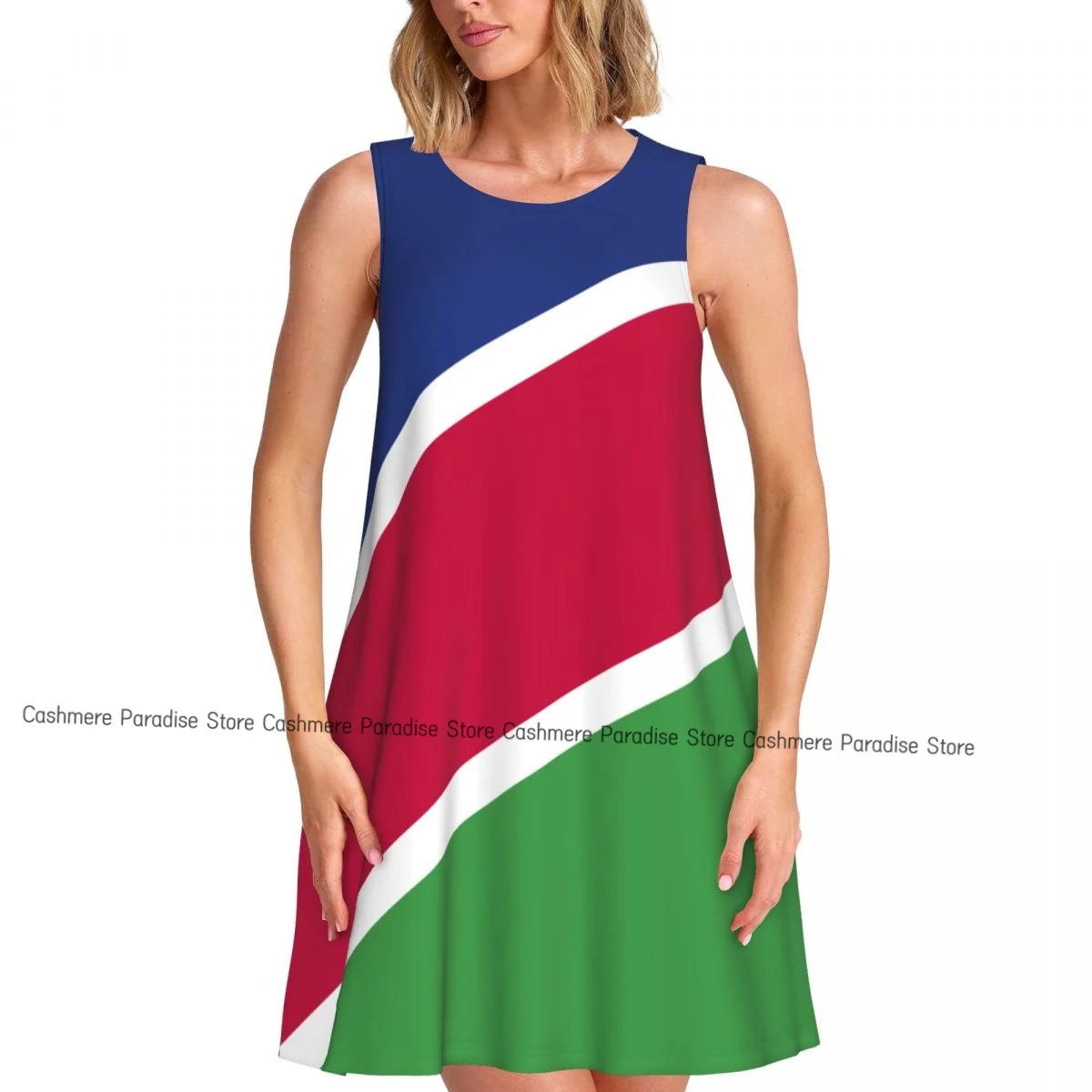 فستان نسائي كاجوال للركبة بعلم ناميبيا ورقبة دائرية بدون أكمام فوق الفستان