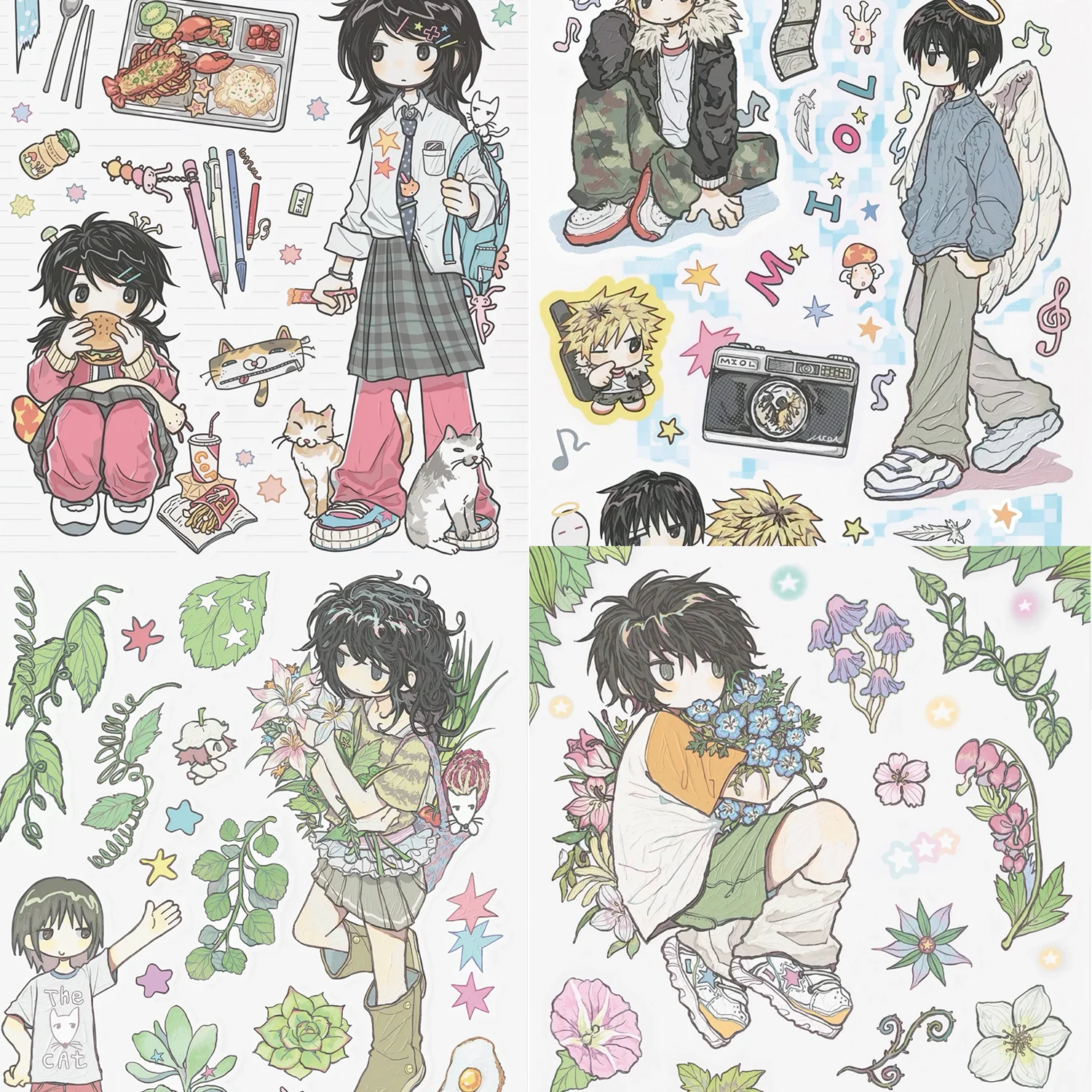 Y2K Retro Anime Boy Journal Sticker Pack, Angel Wings, Plants & Flowers Daily Decorative Materials
