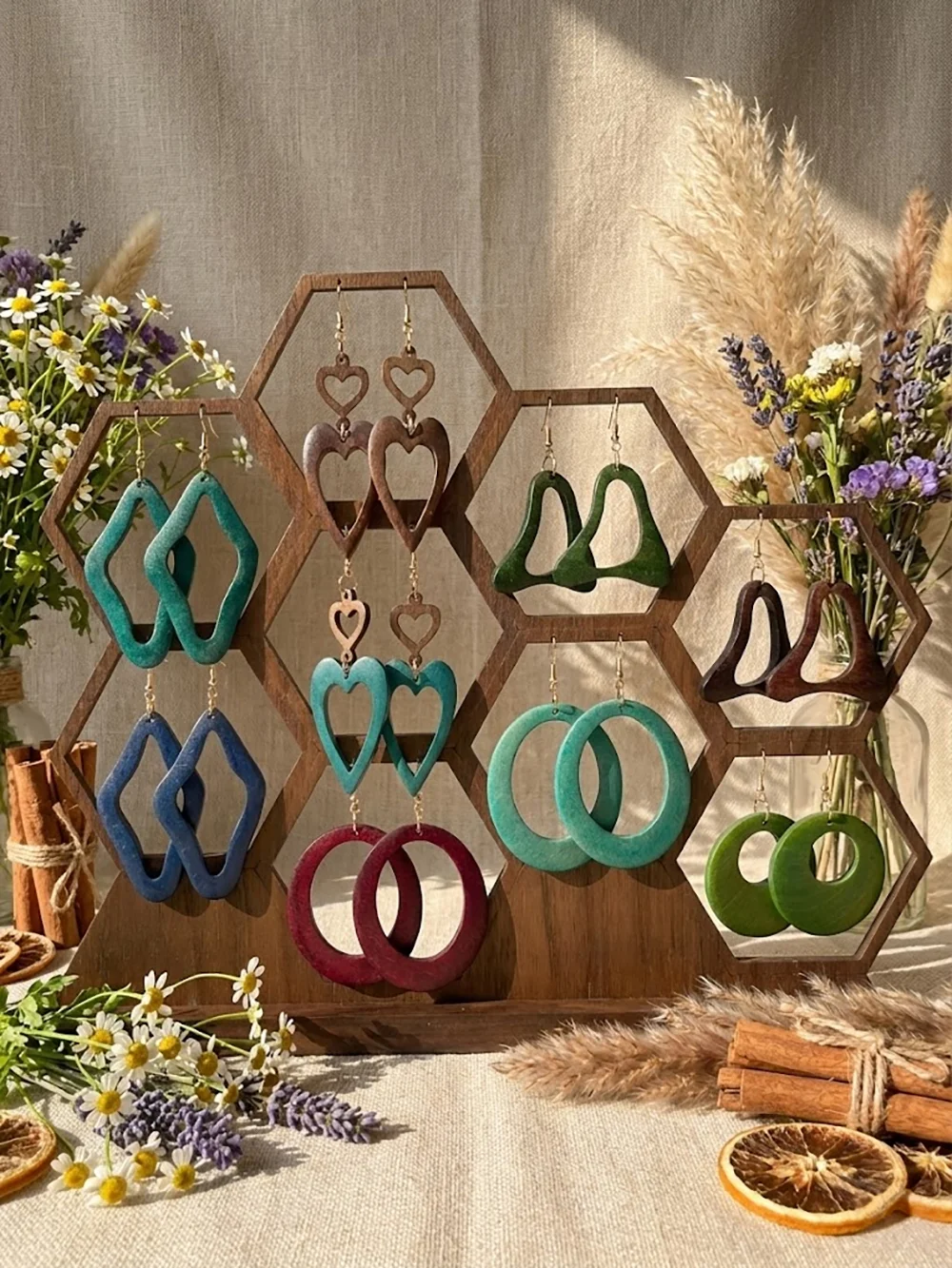 9-teiliges Set mit modischen und eleganten Anhänger-Ohrringen für Damen, Vintage-Böhmische geometrische herzförmige runde hohle Holzohrringe, geeignet für Alltag, Partys, Valentinstag und andere