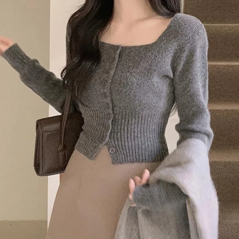 

Модный вязаный женский кардиган с длинными рукавами, на пуговицах, с квадратным воротником, приталенный, из мягкой полиэстеровой смеси, в корейском стиле, для весеннего сезона