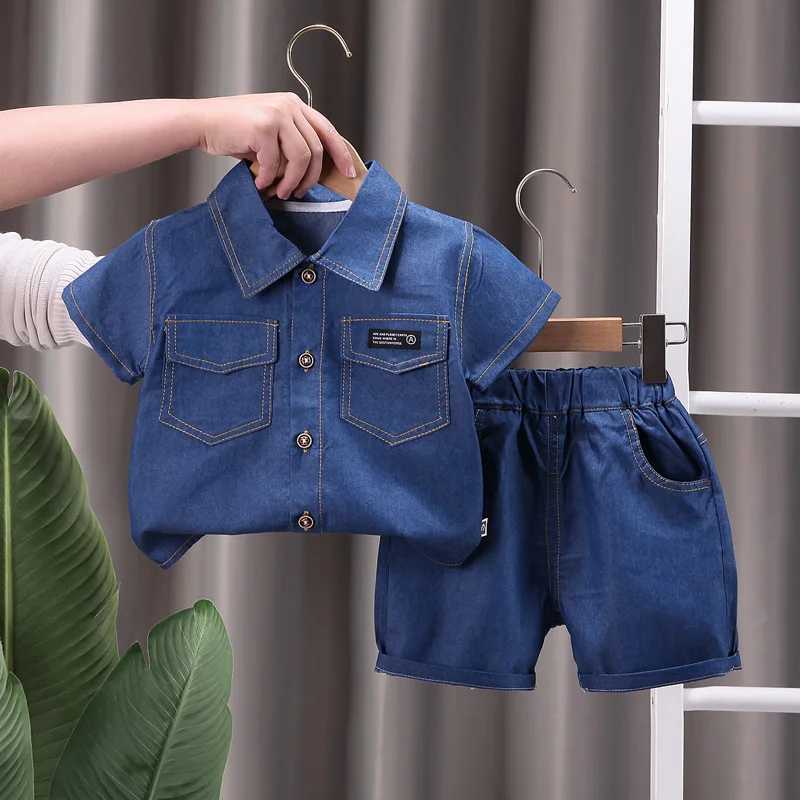 Boy baby clothes 0-5Y summer fashion denim clothes short-sleeved shorts suit boy solid color shirt+shorts baby 2-piece set