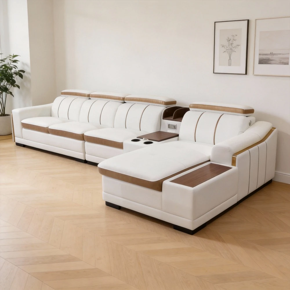 

Современный угловой диван-секционный из натуральной кожи с USB-портом, динамиками, подстаканниками, регулируемыми подголовниками и акцентами из золотистой нержавеющей стали