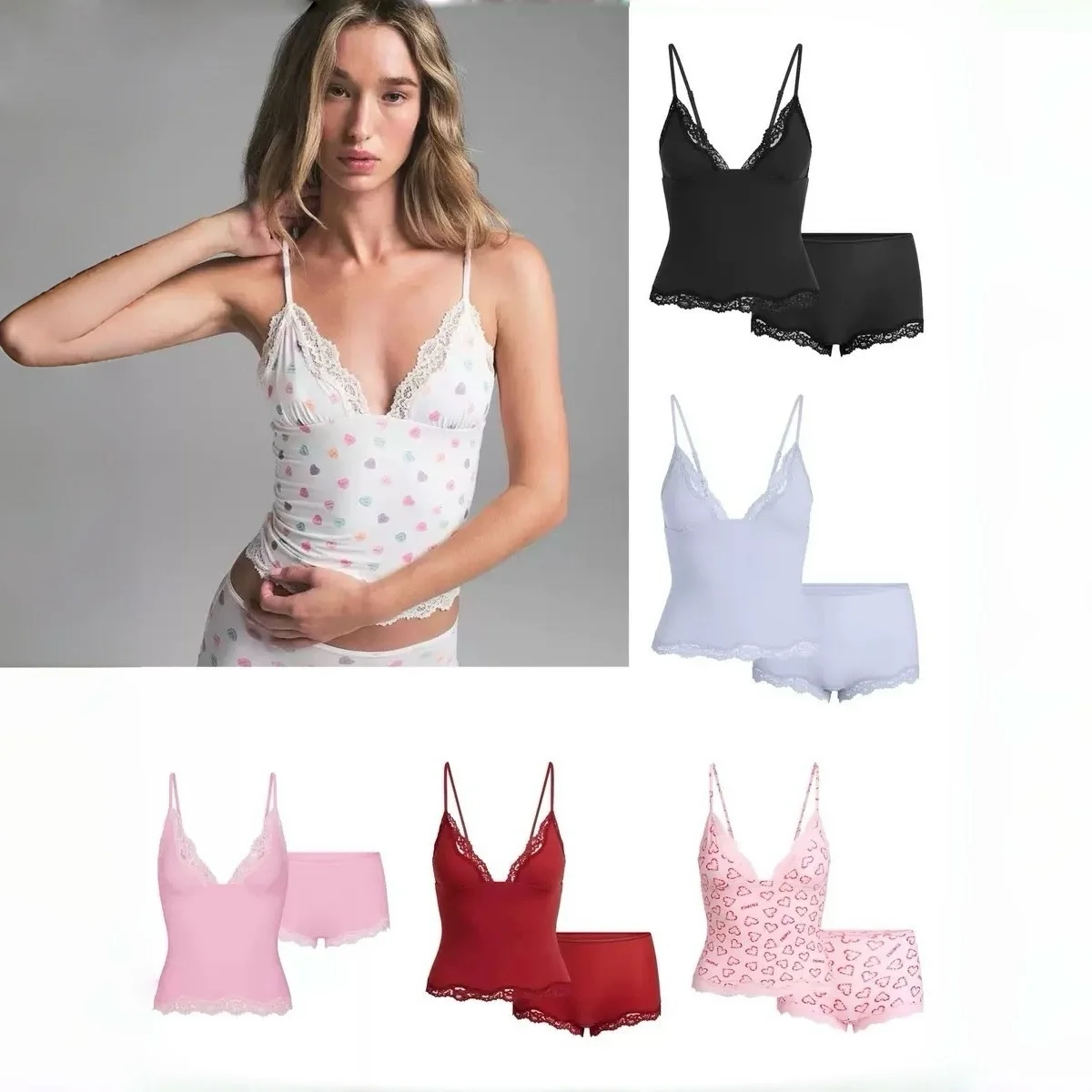 

Valentine's Day Series Lace Halter Dress Vest One-Piece Shorts Home Wear Cute Style Regular Length No Sleeve Elastic Waist